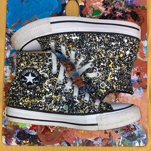 EUC Converse All Star High Tops Paint Splatter Yellow White Unisex Women's 5.5